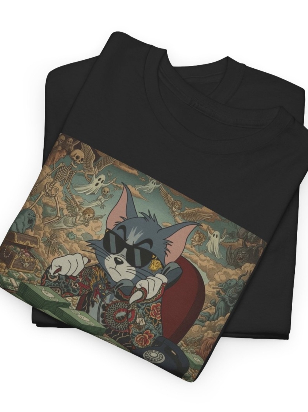 Short-Sleeve Tee with Cartoon Cat Money Graphic - Picture 2 of 5